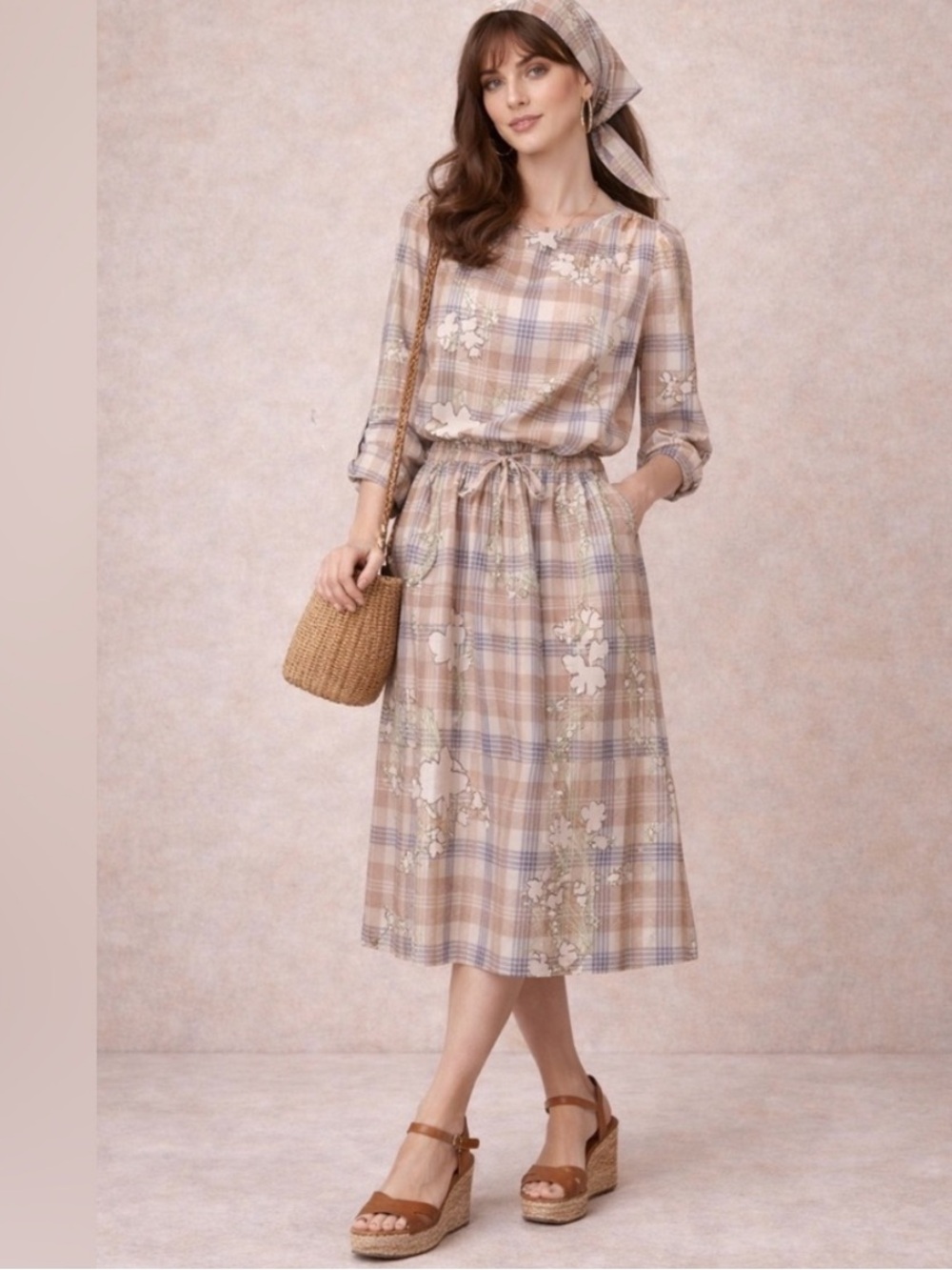 Vintage 70s - Kay Windsor -Plaid Floral print- 3piece set